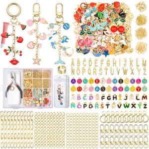 656Pcs Keychain Making Kit: Gold Jewelry Making Supplies Including 198 Charms 30 Keychain Clips with Organizer Box, Lip Gloss Key Chain Kits, Cute Bag Charm Kit for Backpacks DIY Crafts Accessories