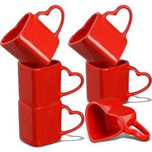 Domensi 6 Pcs 11.8 oz Valentines Heart Shaped Mugs Bulk Red Heart Coffee Cup Valentine Ceramic Mug with Handle Love Tea Cup Gift for Romantic Valentines Wedding Anniversary Couple Lover Decoration
