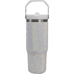 30 oz White Bling Rhinestone Stainless Steel Sippy Tumbler Glitter Vacuum Insulated Thermal Water Bottle with Flip Straw & Lid &Handle, Leakproof Sparkly Car Cup Holder for Drinks & Coffee