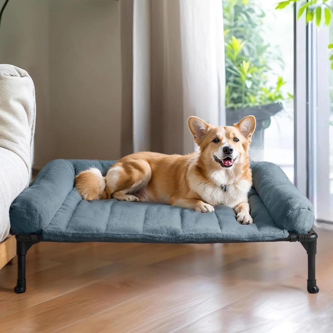 Veehoo Orthopedic Elevated Dog Bed with Fluffy Plush Bolster Cushion, Indoor Raised Dog Beds for Large Dogs, Soft Pet Sofa Cot with Removable Washable Mat, No-Slip Feet, 32 x 25 inches, Haze Blue