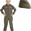 fun shack WW2 Flight Suit Pilot Costume for Kids, Army Outfit, Fighter Pilot Uniform, US Air Force Gear (Large, Green)