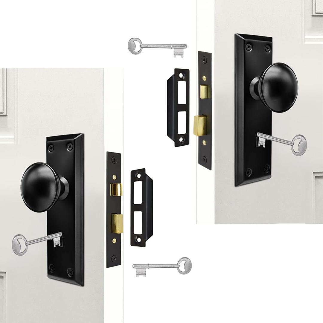 Mortise Lock Set Interior Door with Skeleton Key, Antique Vintage Door Knobs Replacement Hardware Fits 1-3/8" - 1-3/4" Thick Doors, Black, 2 Pack