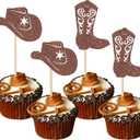 24 PCS Cowboy Cupcake Toppers Glitter Cowboy Hats Boots Cupcake Picks Cowboy Party Cupcake Decorations for Western Theme Baby Shower Boys Birthday Party Cake Decorations Supplies Brown
