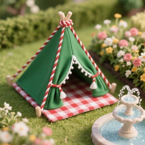 Minamzee 1:12 Dollhouse Camping Bed Tent, Mini Green Cloth Tent with Carpet, Miniature Outdoor Furniture Accessories for Bedroom,Patio and Garden for Teens & Adults