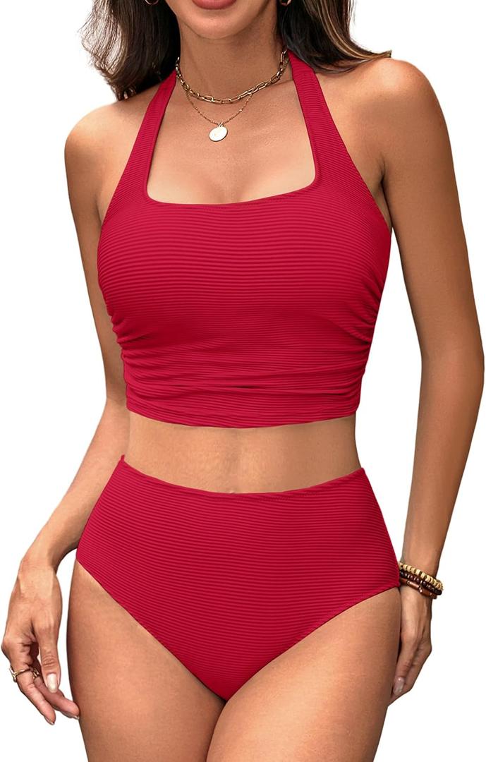 BMJL Womens High Waisted Bikini Sets Halter Two Piece Swimsuits Sporty Ribbed Tummy Control Bathing Suit (Red, XL)
