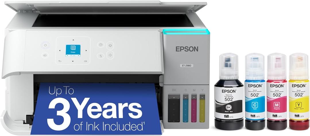 Epson EcoTank ET-2980 Wireless All-in-One Color Supertank Printer with up to 3 Years of Ink, Refillable Tanks, Perfect for Home, 15 PPM, 1.44" Color Screen, Auto 2-Sided Printing – White