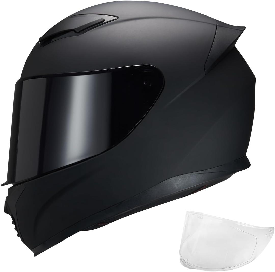 Full Face Motorcycle Helmet WS-607 DOT Approved Motorbike Racing Street Bike Helmets for Adults with Visor (X-Large, Flat black BB)