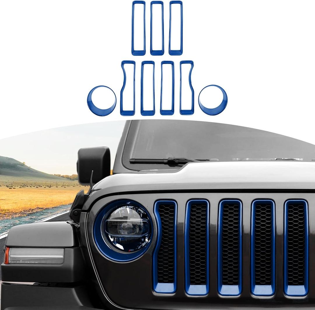 RT-TCZ for Wrangler JL Mesh Front Grille Grill Insert Headlight Light Cover Trim for Jeep Wrangler JL JLU 2018-2022 Blue Exterior Accessories 9pcs