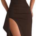 Womens Elegant Square Neck Ruched Formal Maxi Dress Sexy High Split Ruffle Bodycon Long Dress Evening Gown (Brown, M)