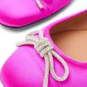 miss left Women Rhinestone Bows Ballet Flats Closed Rounded Toe Slip On Low Thick Heels Comfy Dance Walking Satin Shoes, 9