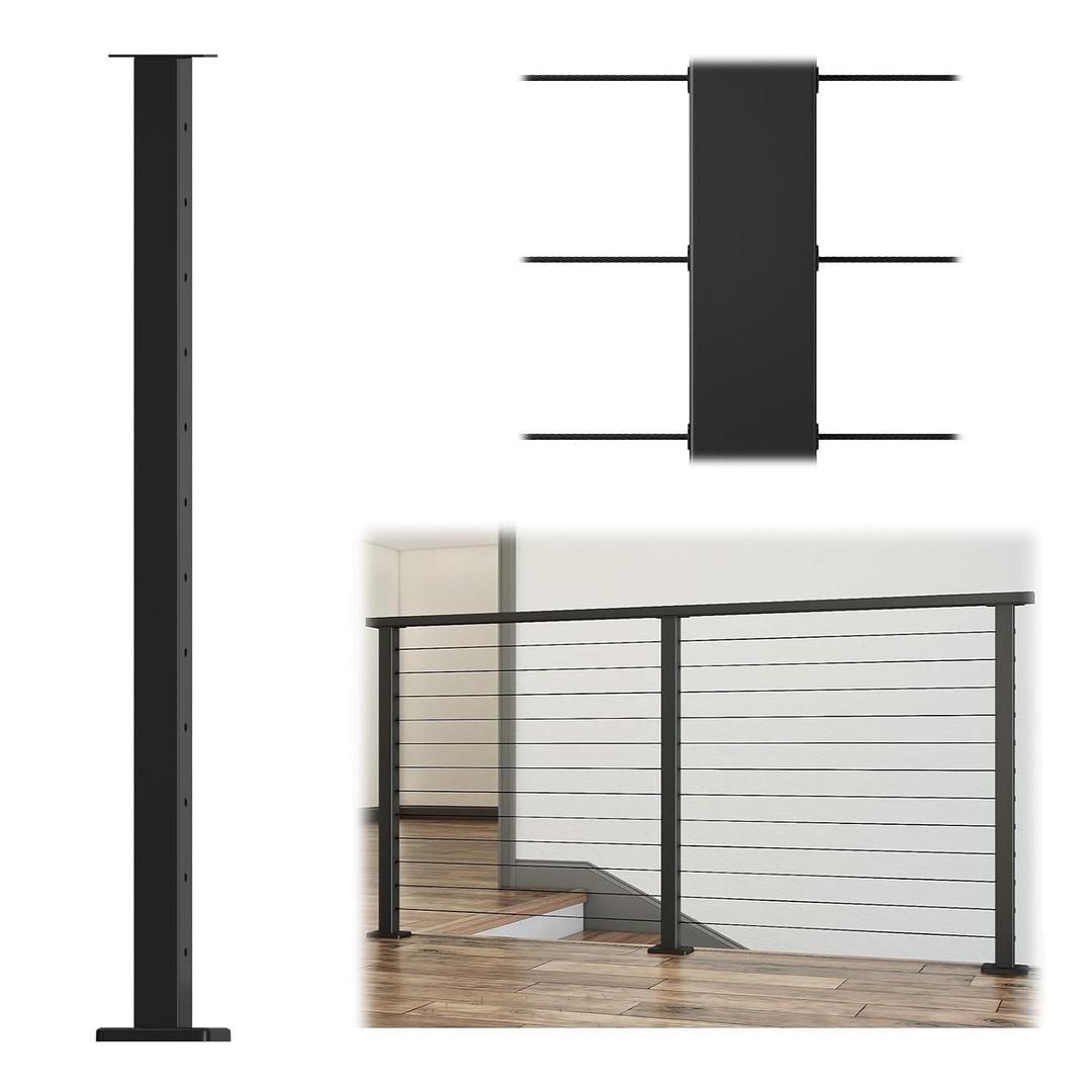 Muzata Black Cable Railing Post 42 Inch 42"x2"x2" Level Drilled Surface Mount T304 Stainless Steel Cable Railing System Kit Indoor Outdoor with Paper User Guide PS02 BH4L