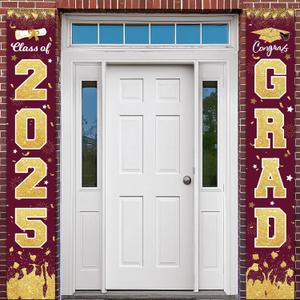 2025 Graduation Party Decorations - Maroon Gold Class of 2025 Congrats Grad Porch Sign Banner Hanging Flag Graduation Party Supplies for School College Classroom Decor