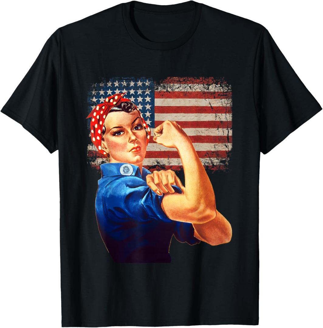 Rosie the Riveter American Flag USA Rosie the Riveter T-Shirt. S Size