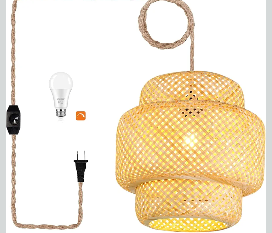 Plug in Pendant Light Rattan Hanging Lights with Plug in Cord Bamboo Hanging Lamp Dimmable,Handmade Woven Boho Wicker Basket Lamp Shade,Plug in Ceiling Light Fixture for Living Room Bedroom Kitchen