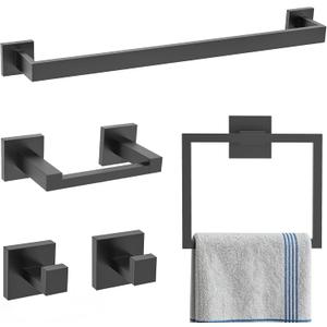 TURS Matte Black 5-Piece Bathroom Hardware Set Towel Bar Set SUS304 Stainless Steel Towel Racks for Bathroom Wall Mounted, 23.6-Inch