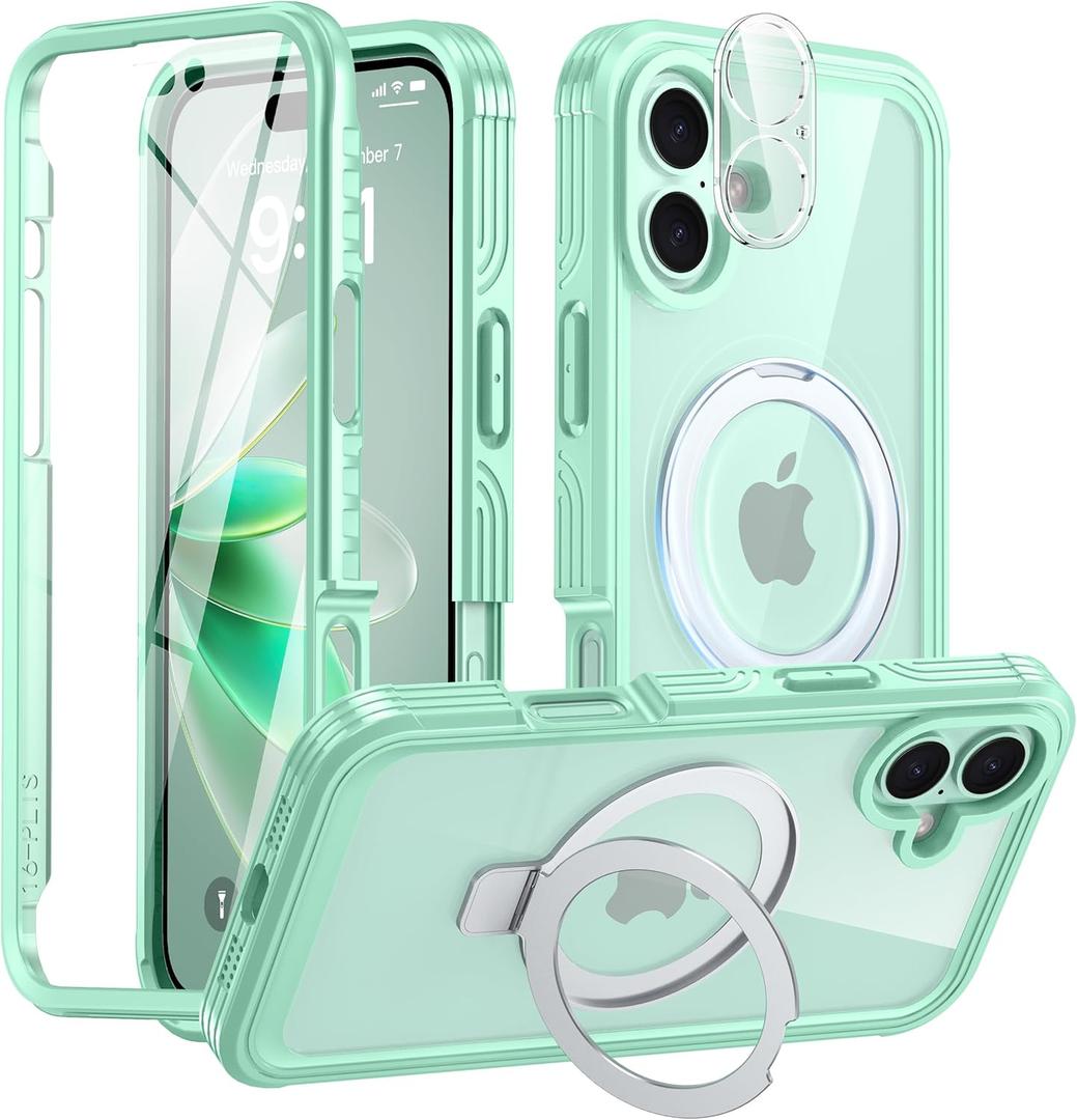 Oneagle Magnetic Stand for iPhone 16 Plus [Fit for MagSafe], 360 Full Body Shockproof Case with 9H Glass Screen Protector, Magnetic Ring Kickstand, Camera Protector, Soft TPU Bumper (Green/Clear)