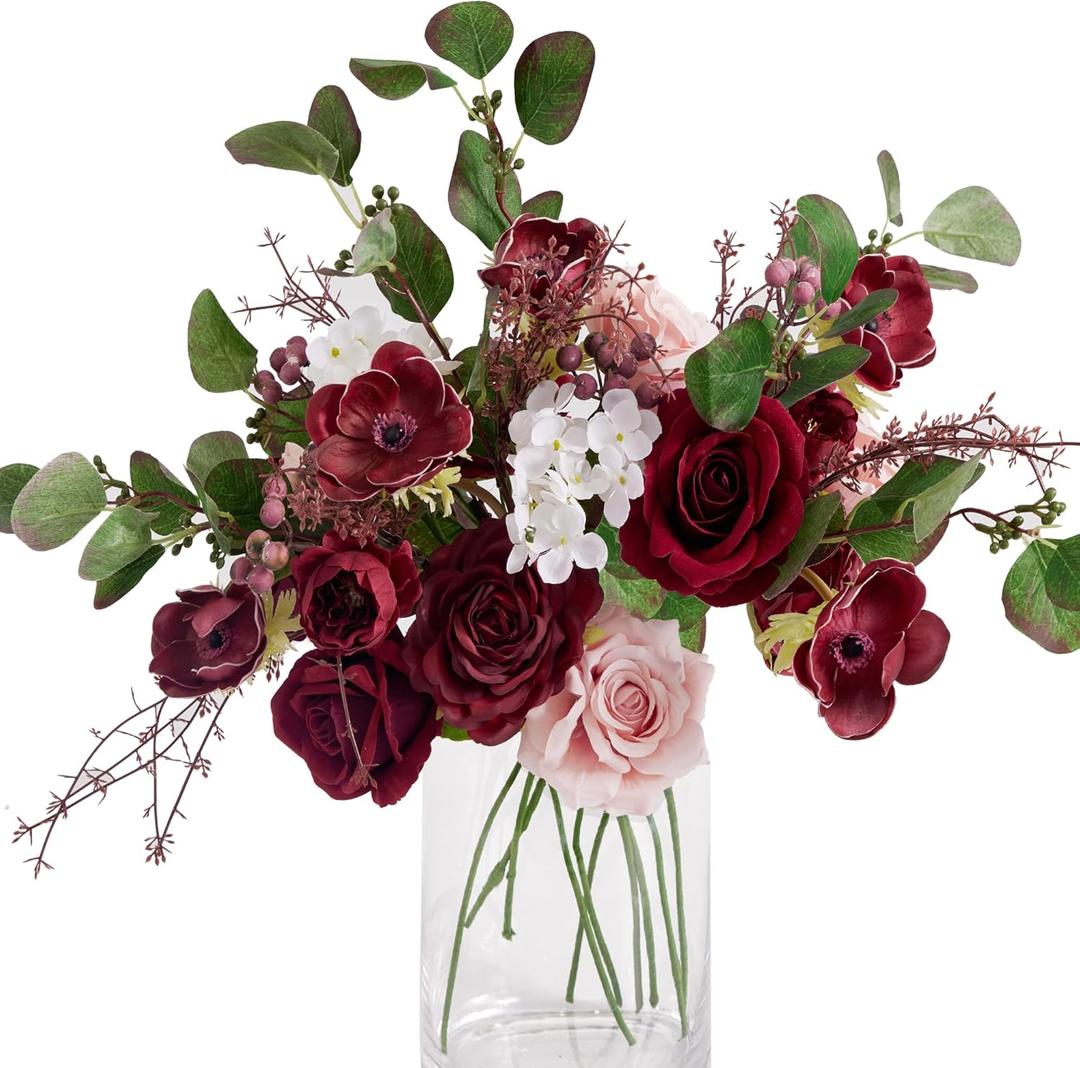 Anna's Whimsy Artificial Flowers Bouquets, Artificial Silk Flowers Bouquets for Wedding, Home Table Decorations, Wedding Centerpieces Bouquets Flowers Arrangement Decorations (Red)