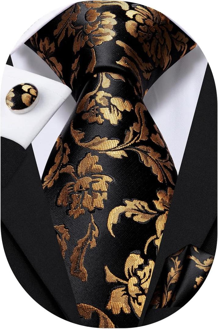Hi-Tie Mens Plaid Ties Classic Paisley Necktie with Handkerchief Cufflinks Set Business Stripe Tie (Black Gold Floral)