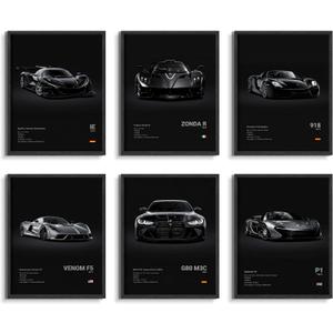 HTTART Car Posters Set of 6, Vintage Car Wall Art, Black Race Car Canvas Wall Decor Paintings,Supercar Aesthetic Prints Pictures for Boys Room Men Room Bedroom Dorm 8x10 Inch Unframed