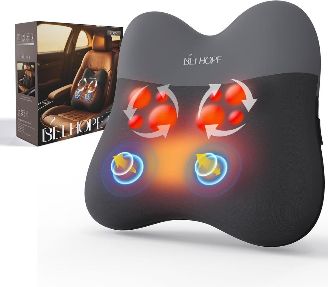 belhope Back Massager with Heat, Cordless Back Massage for Pain Relief Deep Tissue, 4D Shiatsu and Percussion Massage Pillow, Lower Back Massager for Office Chair, Gifts for Women Men Christmas, Grey