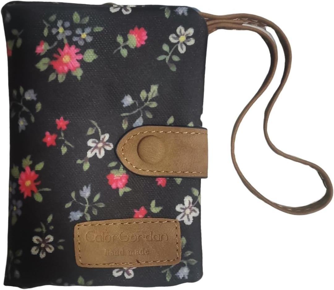 Cute Floral Waterproof Coated Oxford Cloth Women Wallet with Wrist Strap, Ladies Purse with ID Window, Zipper Coin Pocket & 11 Card Slots (Black Flower)