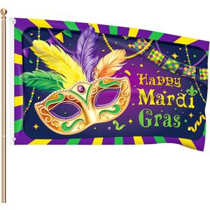 Ganeen Happy Mardi Gras Flag 3x5 ft Double Sided Large Masquerade Mask Beads Fleur De Lis Holiday Flag New Orleans Carnival Outdoor House Yard Banner for Mardi Gras Party Decor Supplies(Mask Style)
