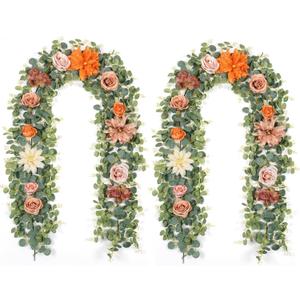 Waipfaru 2Pcs Fall Garland Decor, 6Ft Eucalyptus Flower Garland for Table, Fall Floral Vines with Terracotta Flowers for Wedding Arch Backdrop Wall Thanksgiving Decorations (Terracotta)