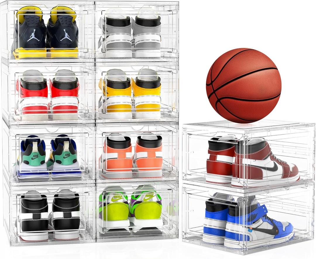 Mitees 10 Pack XX Large Thicken Sturdy Hard Plastic Clear Stackable Shoe Storage Boxes for Size 12, Sneaker Shoe Rack Containers Holders Bins Display Case Organizer for Closet, White
