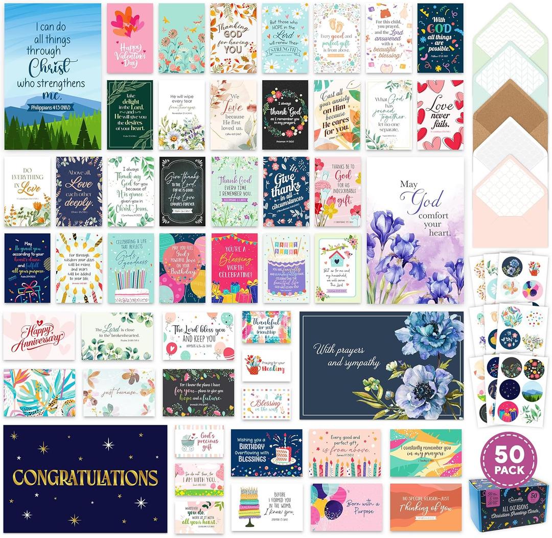 Decorably 50 Pack 4x6in Christian Greeting Cards Assortment Box with Envelopes and Stickers, 50 Religious Designs, Printed Message Inside - Birthday, Thank You, Congratulations, Wedding