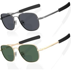 LianSan 2 Packs Premium Aviator Bifocal Reading Sunglasses for Men Women - Retro Sun Readers UV Protection Outdoor Cheaters(Gold&Gunmetal,1.50x)