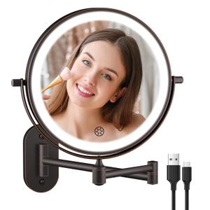 5000mAh Rechargeable Wall Mounted Lighted Makeup Vanity Mirror Double Sided 1X 30X Magnifying Bathroom Mirror, 3 Color Lighting, Touch Dimming, Extended Arm 360 Rotation Light up Mirror Antique Bronze
