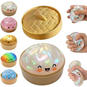 Glitter Dumpling Squishy, Dumpling Squishies, Mystery Box Squeeze Toy, Colorful Stress Balls Fidget Sensory Toy with Steamer,Suitable for Adult use in Offices and Homes (Glitter White)