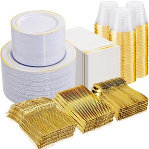 NOCCUR 700PCS Gold Plastic Plates - Gold Disposable Dinnerware Set for 100 - Include 200 Dinner/Dessert Plates, 300 Cutlery, 100 Cups, 100 Napkins, Idea for Wedding/Party/New Year