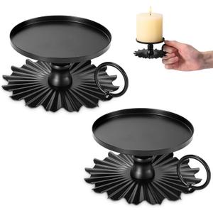 CoColemon Black Iron Pillar Candle Holders Set of 2, Pedestal Candles, 3.15 inches Pillar Candle Holder Plate (Black)