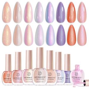 AZUREBEAUTY Pearl Shine Iridescent Shimmer Purple Violet Nude Coral Glitter Orange 8 Colors Nail Polish Set, Quick Dry, Perfect for Women Manicure Nail Art DIY Salon