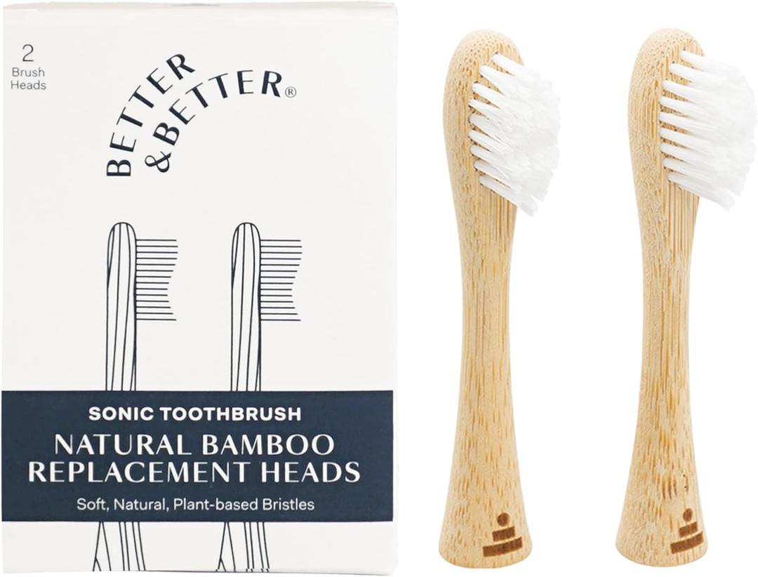 Better & Better Bamboo Sonic Toothbrush Replacement Heads, Fits Brush Only, Plant-Based Bristles, No Microplastics, Biodegradable, Soft, Gentle & Whitening, 2-Pack