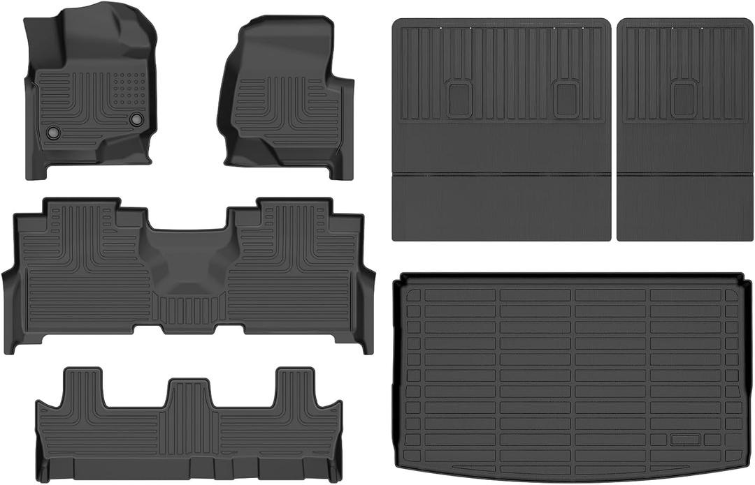Floor Mats & Cargo Liner for 2021-2024 Ford Expedition Max 8 Seats with Backrest Mat, All Weather Automotive TPE Floor Liners Set Anti-Slip Waterproof Accessories Black