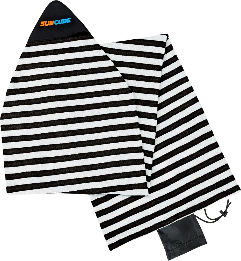 SUN CUBE Surfboard Sock Cover, Surf Bag for Surfing Board, Protective Stretchy Surf Bag Sock Sleeve for Longboard, Hybrid, Shortboard (6'0'' - Pointed, Black White)