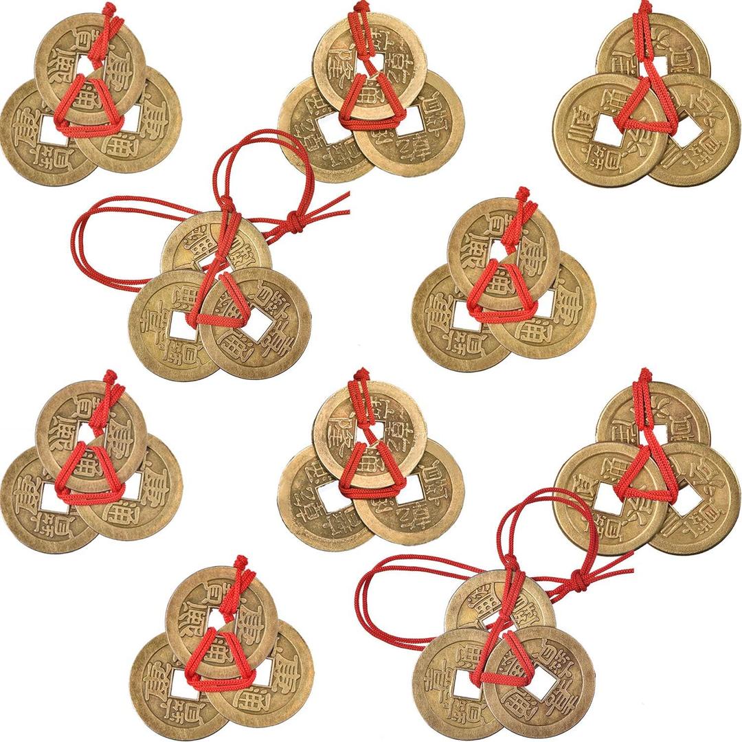 Boao Chinese Fortune Coins Feng Shui I Ching Good Luck Coins Traditional Brass New Year Favor with Red String for Wealth and Success, 5 Styles (10 Pieces)