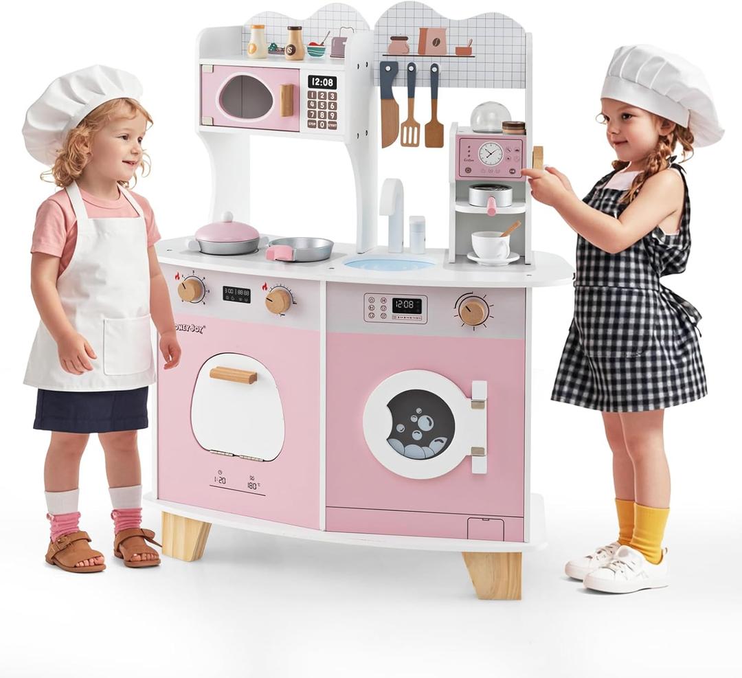 HONEY JOY Play Kitchen, Large Little Chef Wooden Toy Kitchen Set for Toddlers & Coffee Maker, Microwave, Washing Machine, Sink, Cookware, Pretend Play Kids Kitchen Playset, Gift for Boys Girls (Pink)