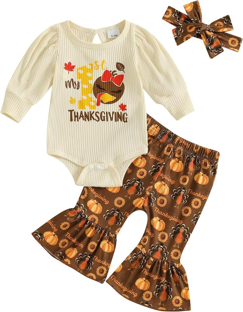 Thanksgiving Baby Girl Outfit My First/1st Little Turkey Romper Onesie Bell Bottoms Pants Fall Winter Clothes (6-12 Months)