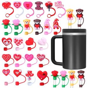 Nuenen 24 Pcs Valentine's Day Straw Covers Caps Silicone Reusable Valentine Topper Tips Love Heart Gnome Lids Splash Proof Plug for 10 mm 0.4 Inch Straws 30 40oz Tumblers Valentines Party Favors Gifts