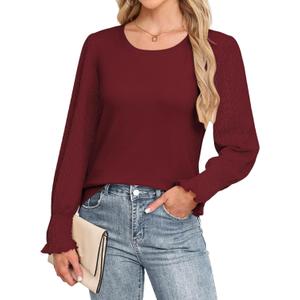 Blouses for Women Casual Puff Long Sleeve Shirts Fall Crew Neck Knit Textured Tunic Tops with Smocked Cuffs (Small)