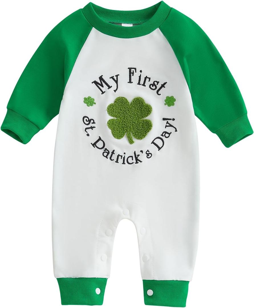 FOCUSNORM My First St. Patrick's Day Baby Girl Boy Outfit Clover Pattern Jumpsuit Romper Onesie Newborn Irish Day Clothes (6-12 Months, Cute Green)