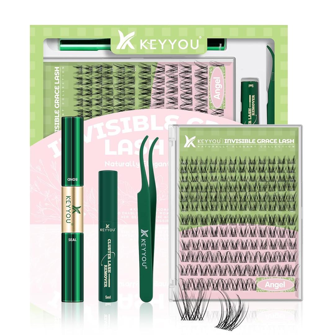 KEYYOU Angel lash Clusters Kit Lash Extension Kit D Curl 144Pcs Eyelash Extension Kit Wispy Natural Invisible Band Lash Kit with Waterproof DIY Lash Extension Kit at Home(AngelD818MIX)