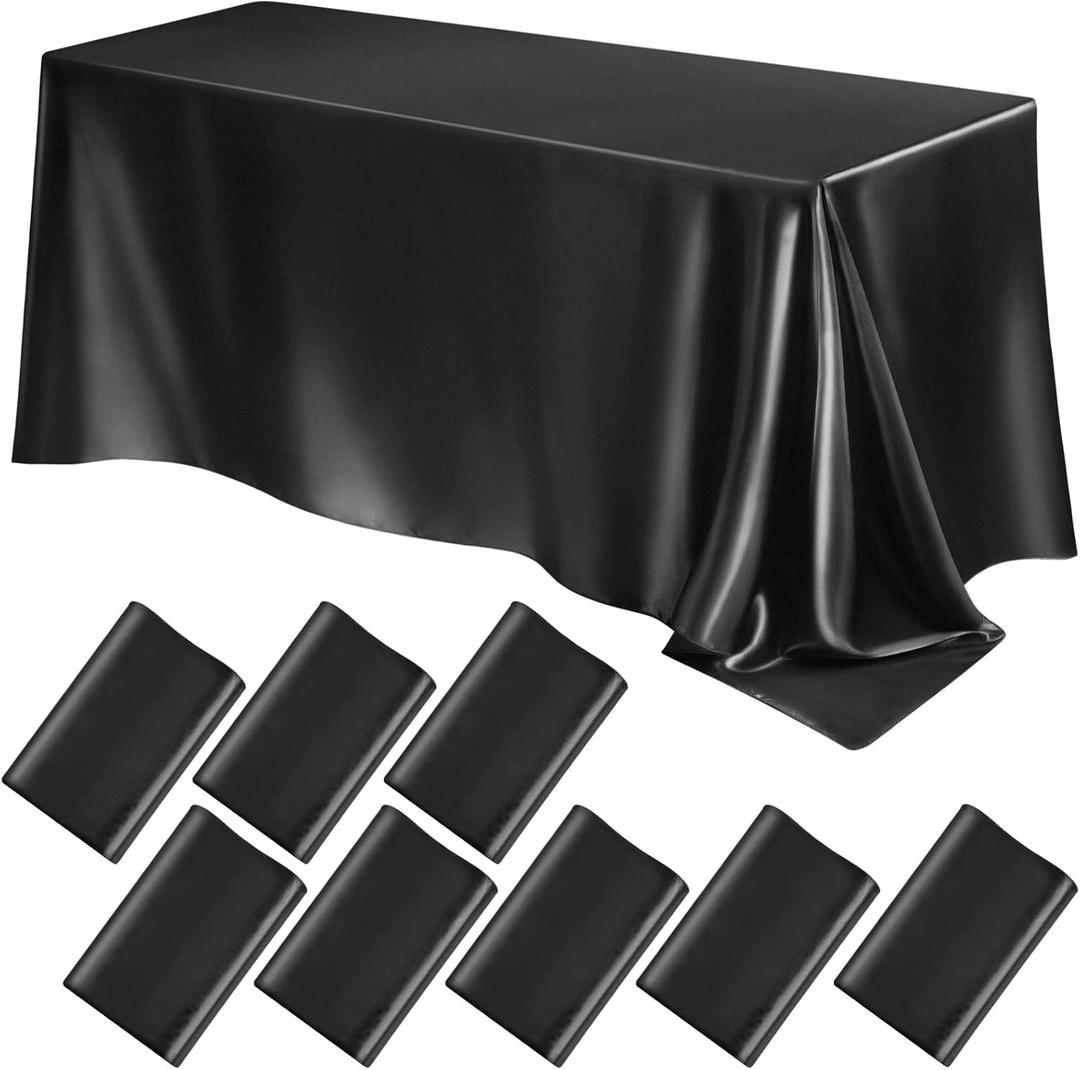 Lounsweer 8 Packs Satin Tablecloth 102 x 58 Inches Rectangle Table Cover Silk Smooth Fabric Party Table Cloth for Rectangle Parties, Holiday Dinner Wedding Banquet Decoration(Black)
