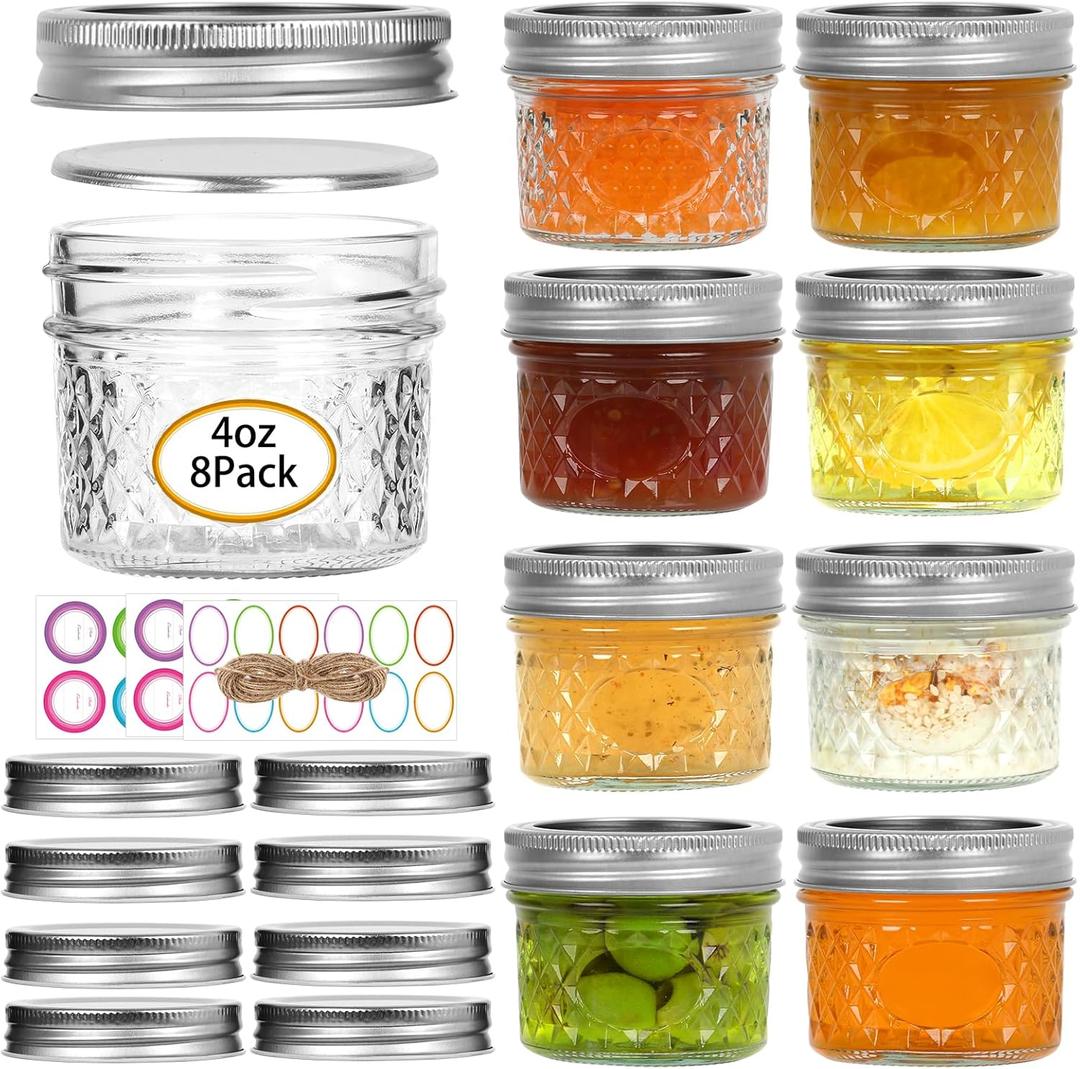 Mini Mason Jars, 8 Pack 4oz Glass Mason Jar with Regular Lids, Small Canning Jar, Ideal for Jelly, Jam, Honey, Dessert, Spice, Wedding Favor, Candles