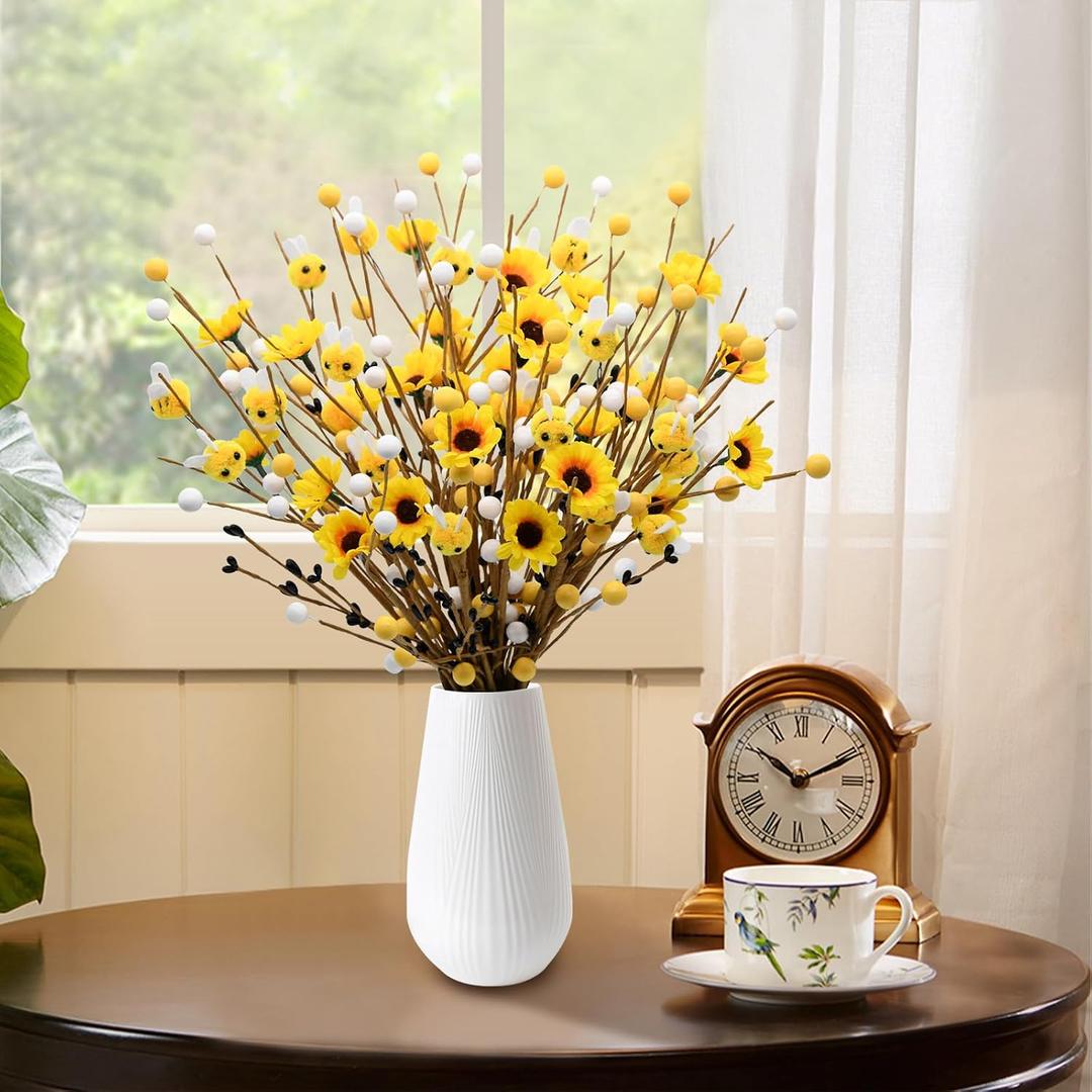 CRCZK 24Pcs Bee Floral Stems Decor, Artificial Spring Summer Bumble Bee Branch Picks with Sunflower & Berry, Farmhouse Rustic Yellow Flower Picks for Home Kitchen Table Vase Centerpiece
