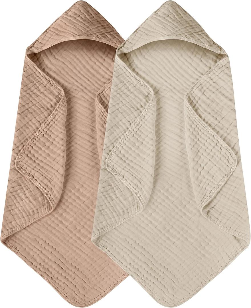 Yoofoss Hooded Baby Towels for Newborn 2 Pack 100% Muslin Organic Cotton Baby Bath Towel with Hood for Babies, Infant, Toddler and Kids, 32x32Inch, Soft and Absorbent Newborn Essential, Beige & Coffee