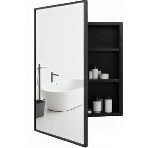 Brushed Sliver Metal Medicine Cabinet Right-Angled Rectangle-Design | Bathroom Mirror with Storage, Recessed or Surface Mounted, 2 Adjustable Metal Shelves (Brushed Black, 16x24)